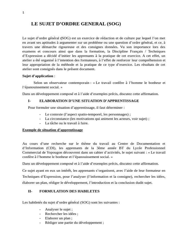 Guide sur le Sujet d'Ordre Général (SOG) | PDF | Bonheur | Apprentissage