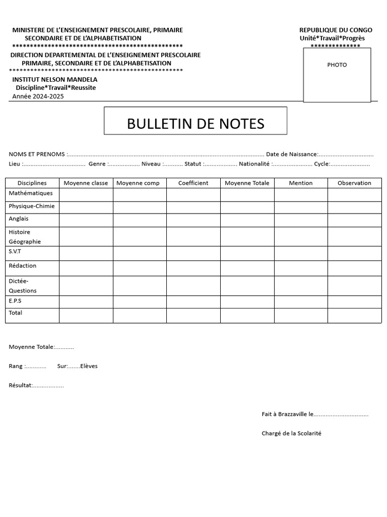 Bulletin de Notes 2024-2025 Congo | PDF