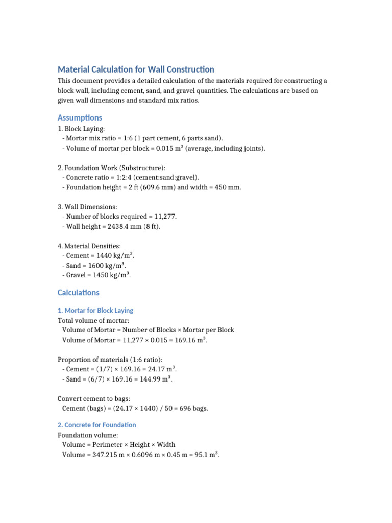 Material Calculation For Wall Construction | PDF