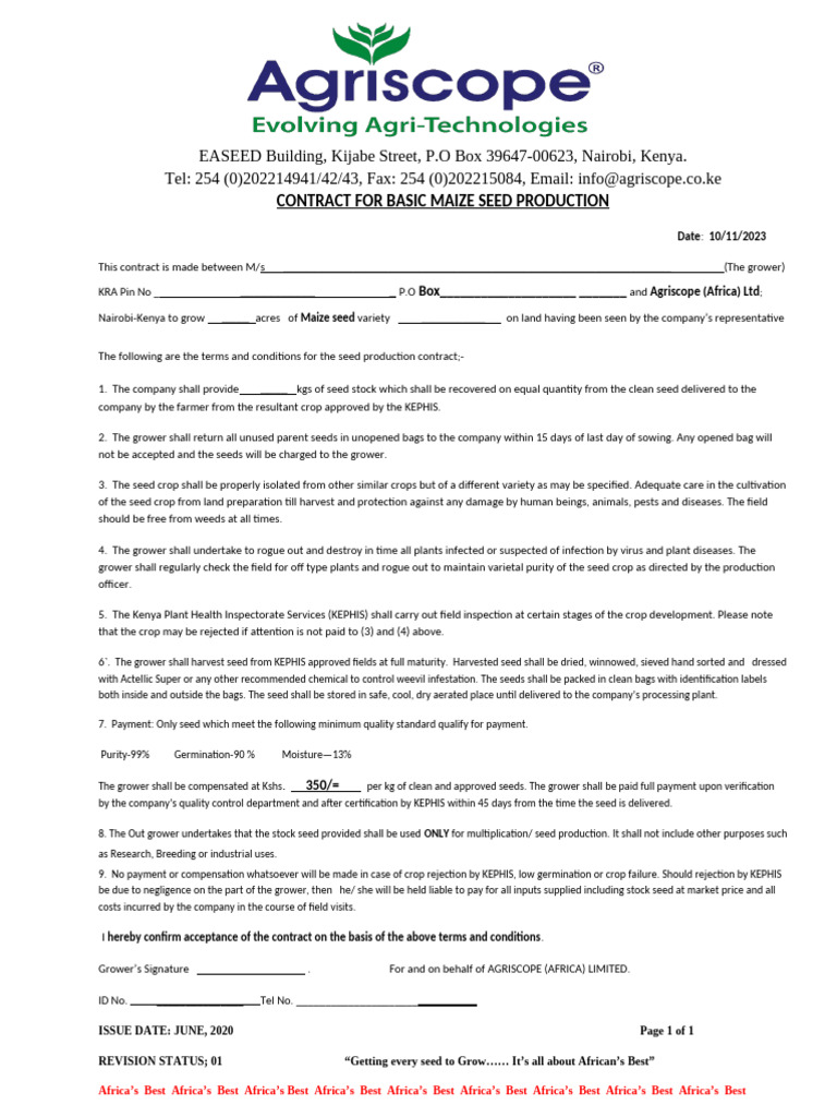Agriscope Maize Seed Production Contract | PDF | Seed | Maize