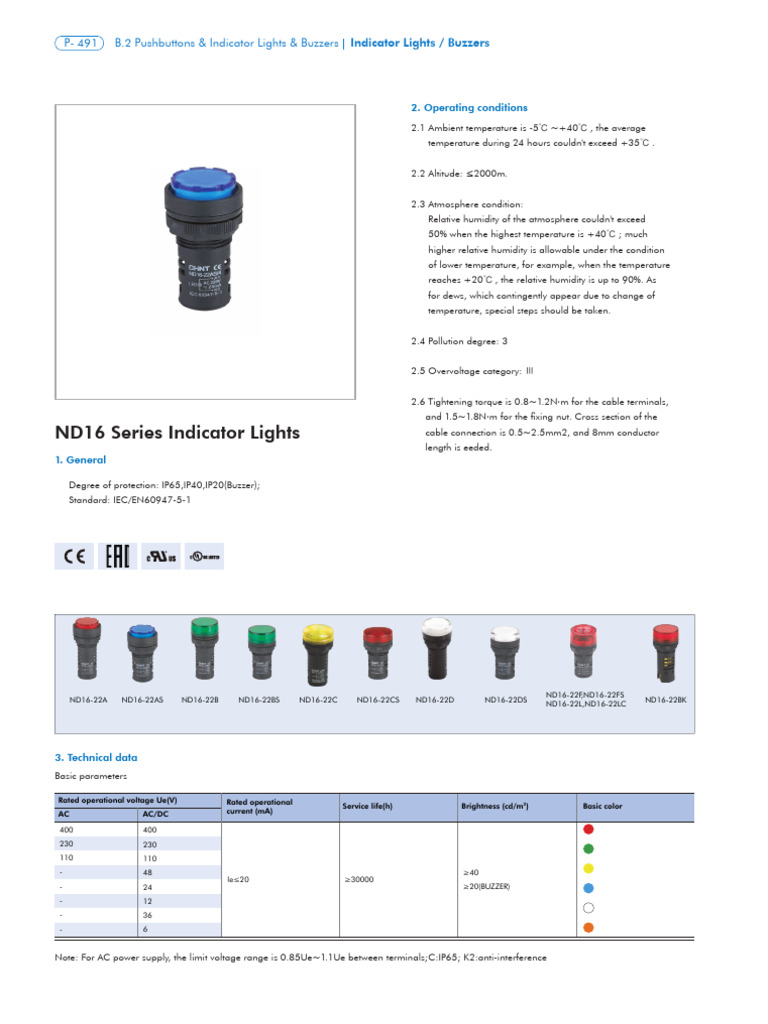ND16 Series Indicator Lights & Buzzers | PDF | Mains Electricity | Green