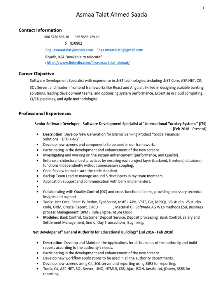 Software Developer Resume - Asmaa Talat | PDF | Microsoft Sql Server ...