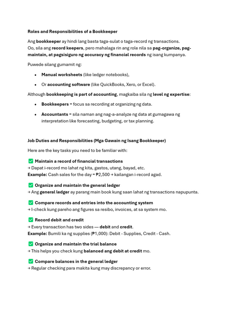 Bookkeeper Roles and Responsibilities | PDF