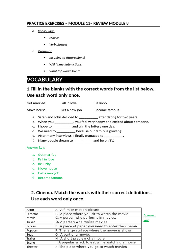 Module 11 Practice Exercises: Vocabulary & Grammar | PDF | Movie ...