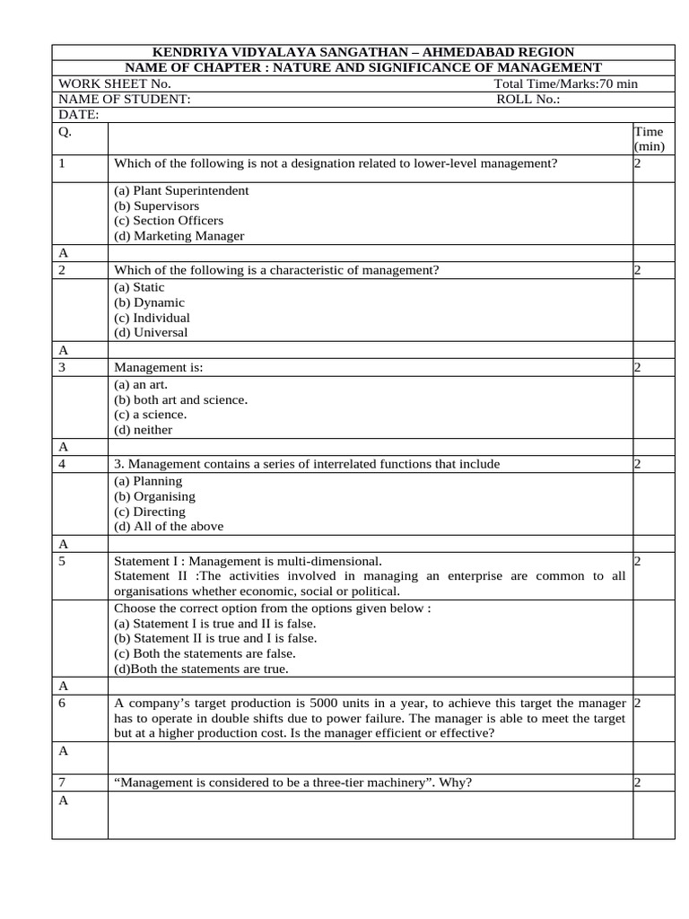01 Xii-Bst Ch-Nature and Significance of Management Worksheet | PDF ...