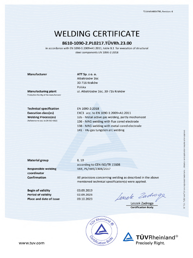 Welding Certificate ATT Sp. Z O. O. en | PDF