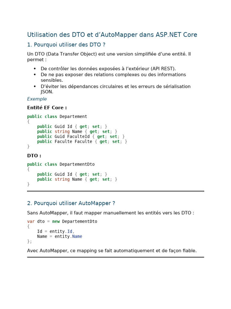 DTO et AutoMapper dans ASP.NET Core | PDF