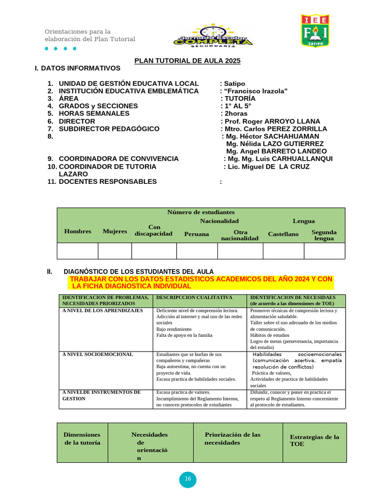 Plan Tutorial de Aula 2025 en Satipo | PDF | Autorregulación emocional ...