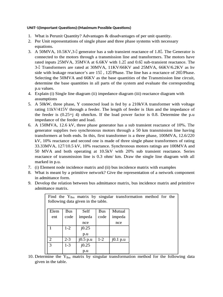Important Questions on Per Unit Systems | PDF | Transformer ...