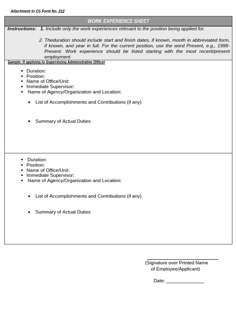 Work Experience Sheet Template | PDF