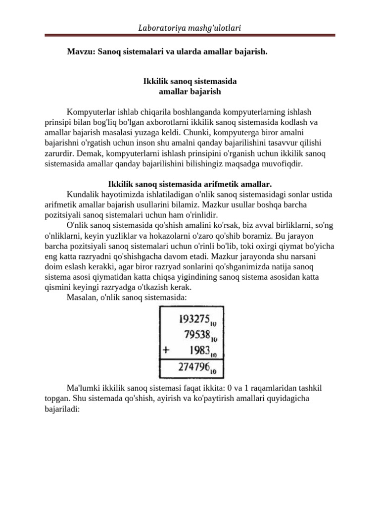 L1-Labaratoriya Mashg'Uloti - Sanoq Sistemalari Va Ularda Amallar ...