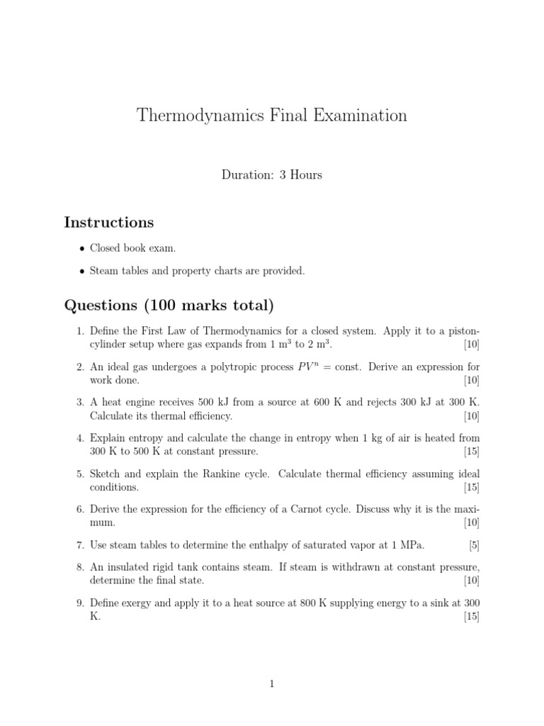 Thermodynamics Final Exam Questions | PDF