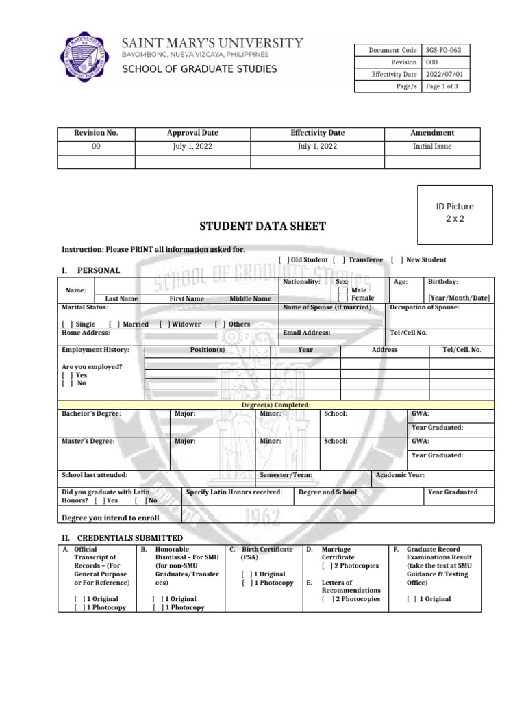 SMU Graduate Studies Student Data Sheet | PDF | Thesis