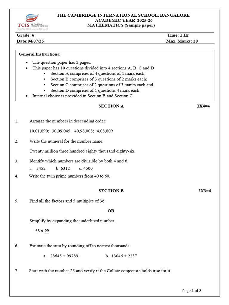 Grade 6 Mathematics Sample Paper | PDF | Mathematics