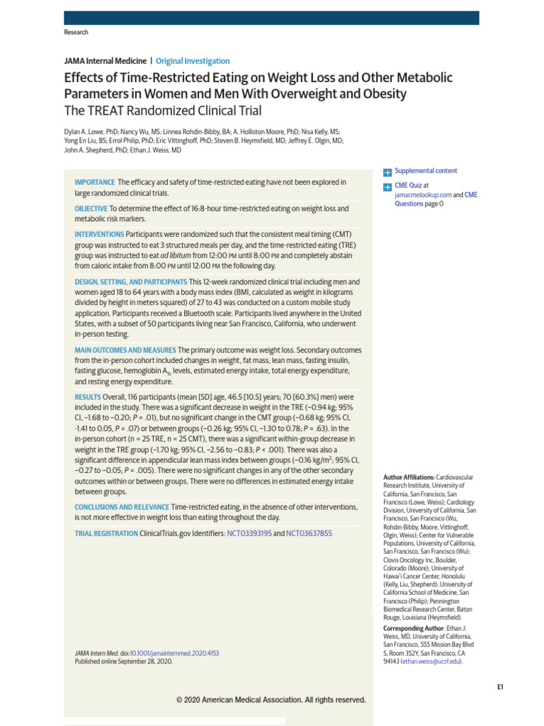 TREAT Study Time Restricted Eating in Weight Loss 2020 | PDF ...