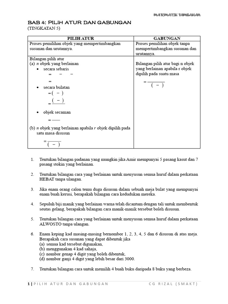 Pilih Atur dan Gabungan Matematik | PDF