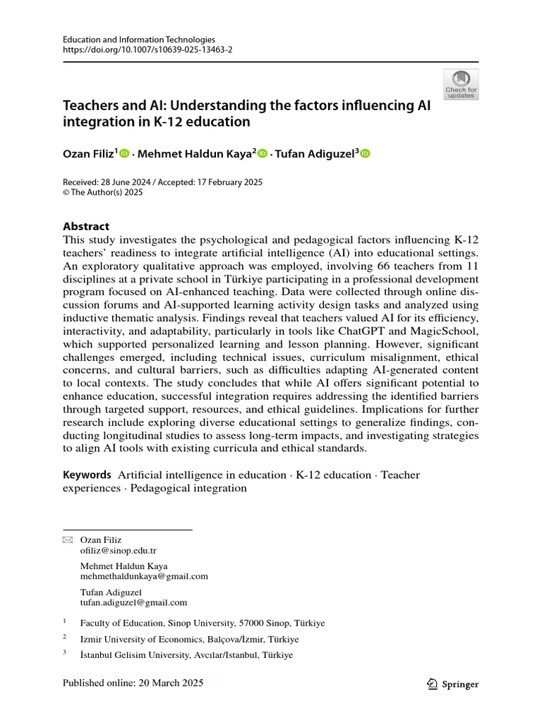AI Integration in K-12 Education: Teacher Insights | PDF | Intelligence ...