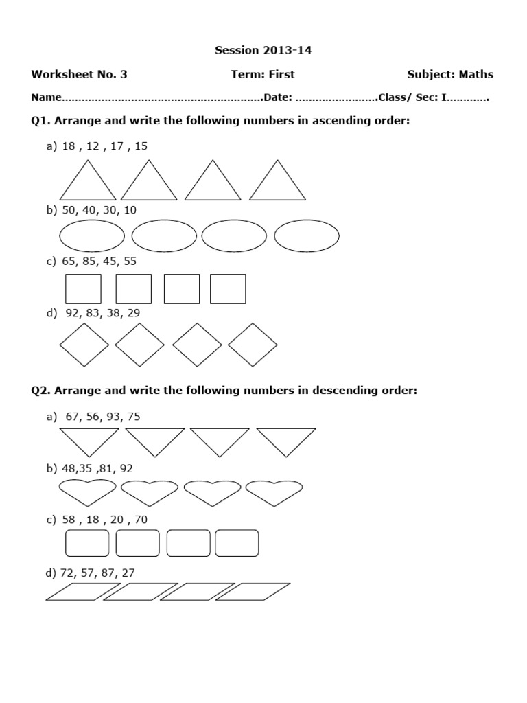 Class 1 Maths Worksheet 2013-14 | PDF