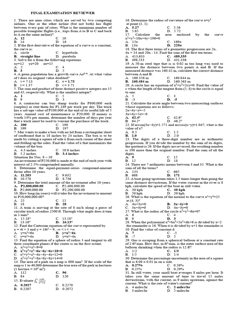 Final Examination Reviewer COMPLETE | PDF | Circle | Equations