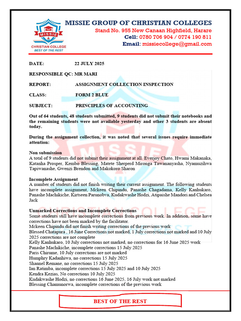 Assignment Collection Report: Form 2 Blue | PDF | Accounting