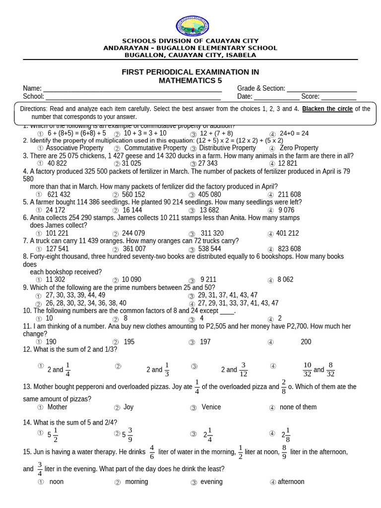 Math 5 First Periodical Test | PDF | Mathematics | Elementary Mathematics