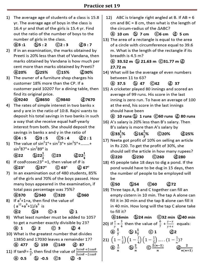 Math Practice Set 19 Questions | PDF | Area | Geometry