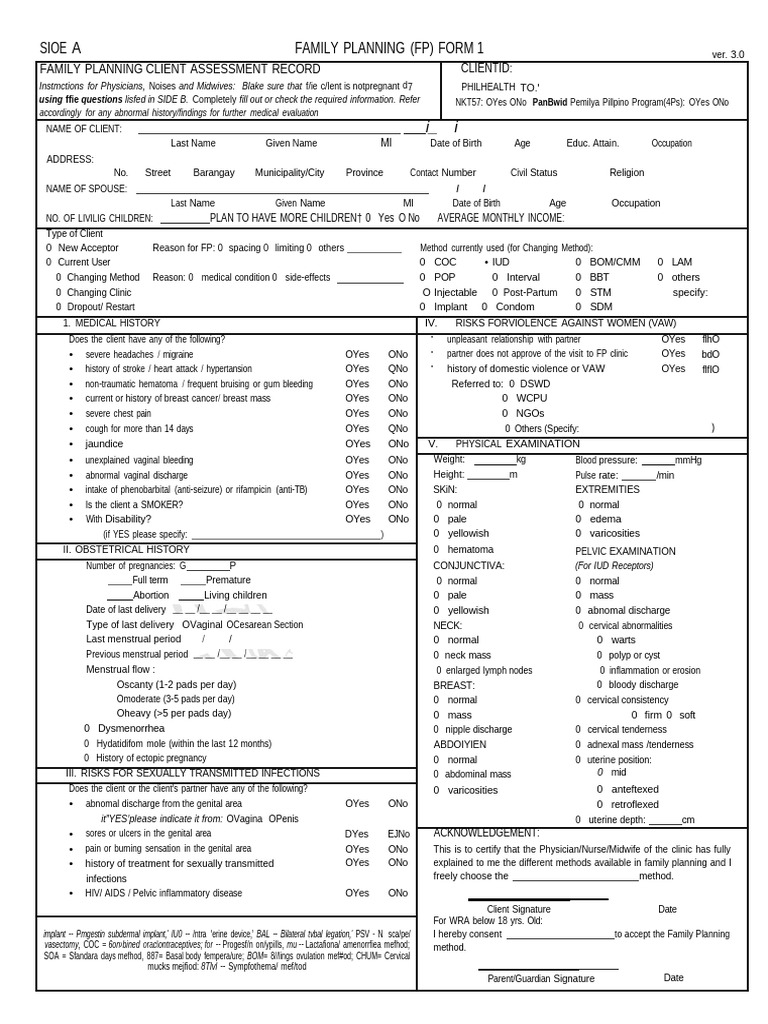 Family Planning Client Assessment Form 1 | PDF | Pregnancy | Vagina