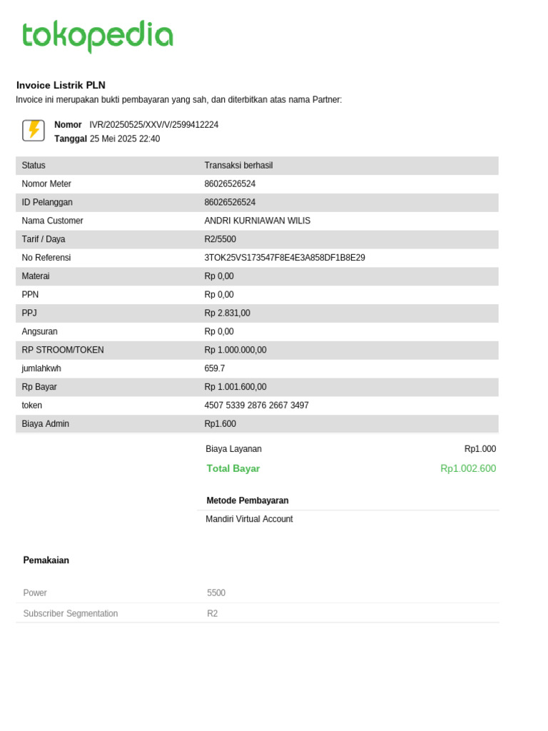 Invoice Listrik PLN Andri Kurniawan | PDF