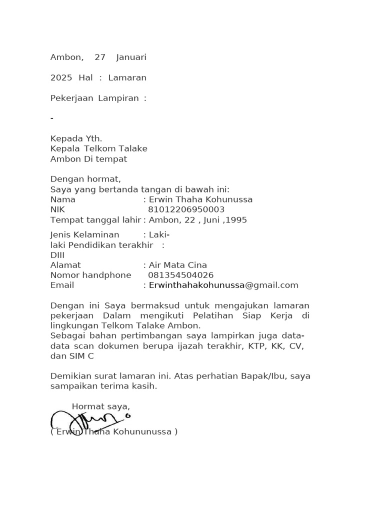 Lamaran Kerja Erwin di Telkom Talake | PDF