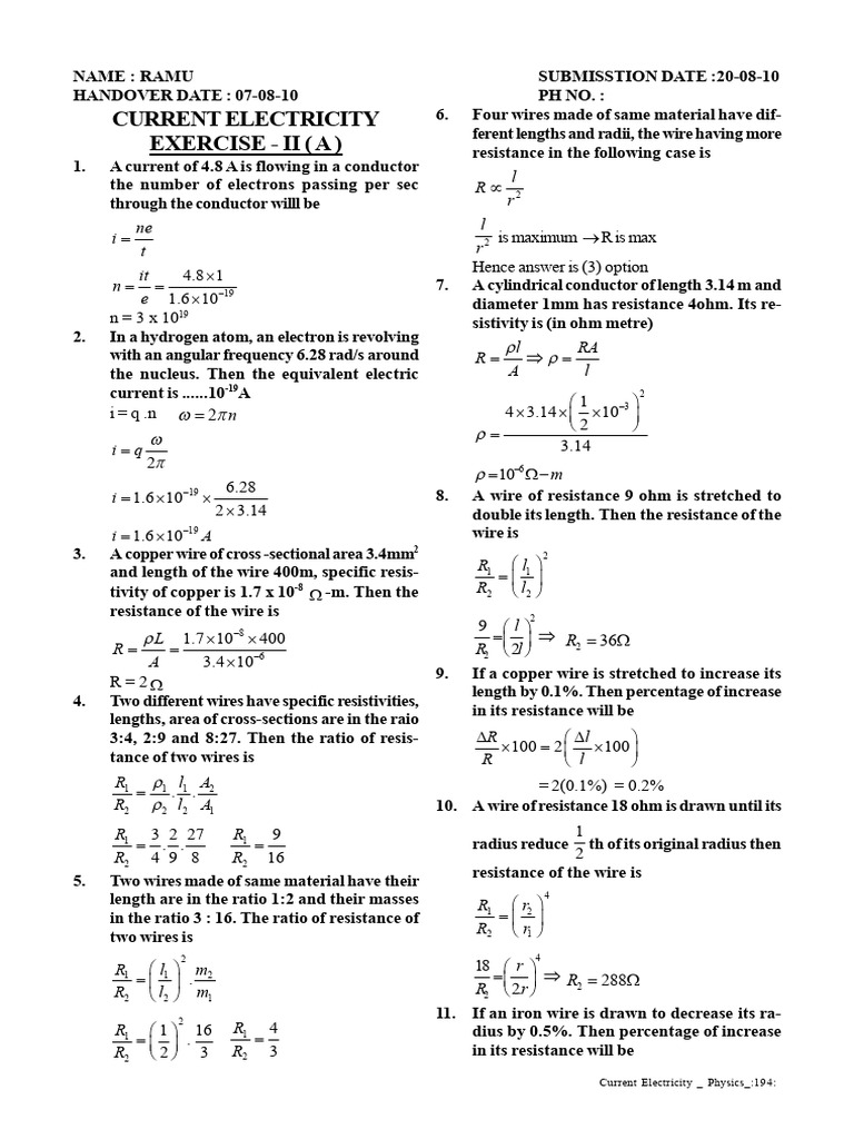 Current Electricity Exercises and Solutions | PDF | Series And Parallel ...