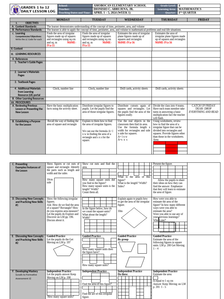 4th Quarter Math Lesson Plan: Area | PDF | Area | Learning