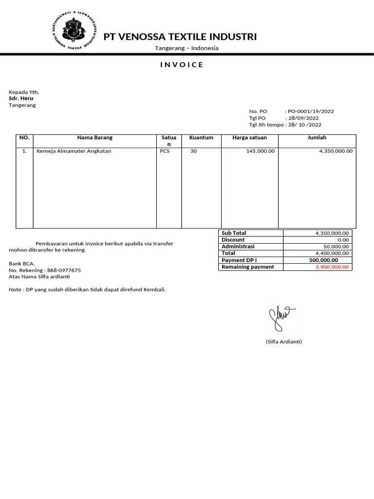 Invoice Pembelian Kemeja Almamater | PDF