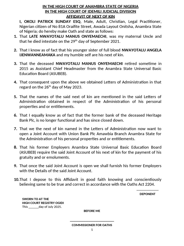Affidavit of Next of Kin in Nigeria | PDF