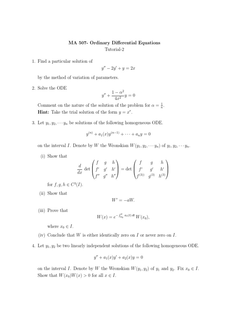 ODE Tutorial 2: Solutions & Wronskian | PDF | Ordinary Differential ...