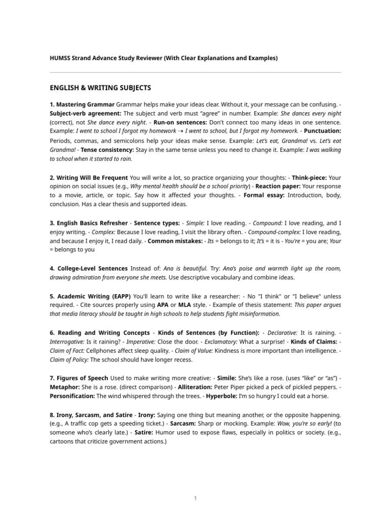 HUMSS Study Guide: English & Communication | PDF | Communication ...