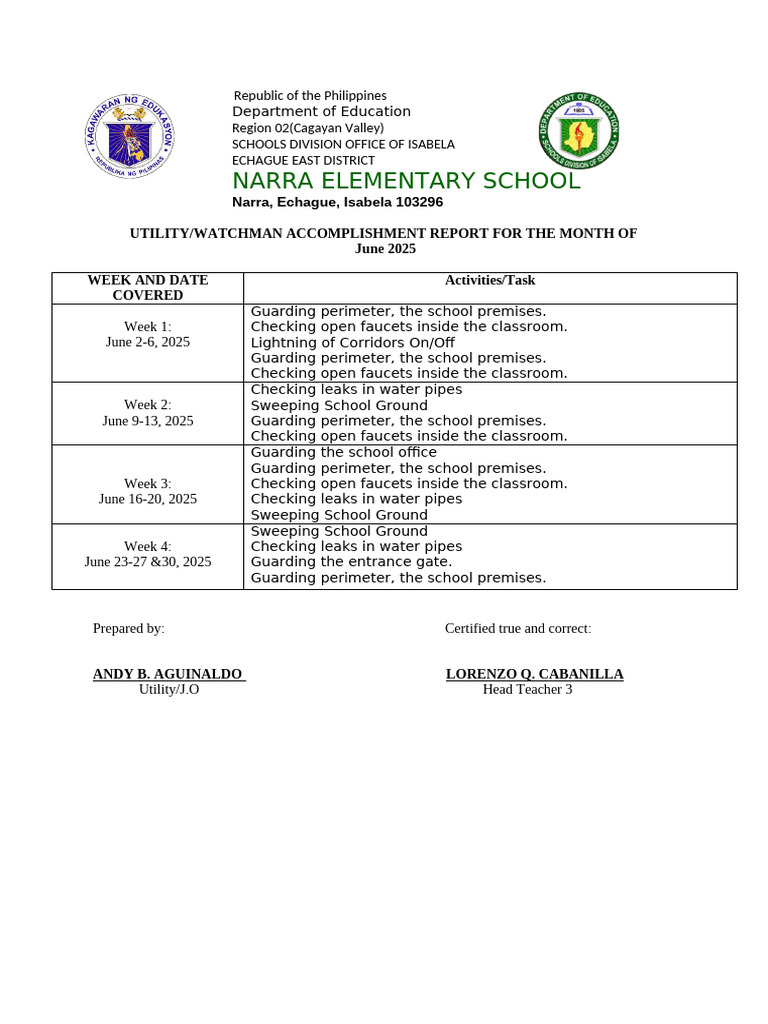 June 2025 Utility Report: Narra Elementary | PDF