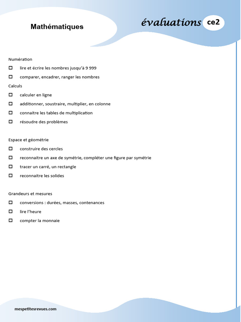 Évaluation de maths fin CE2 | PDF | Mathématiques | Géométrie