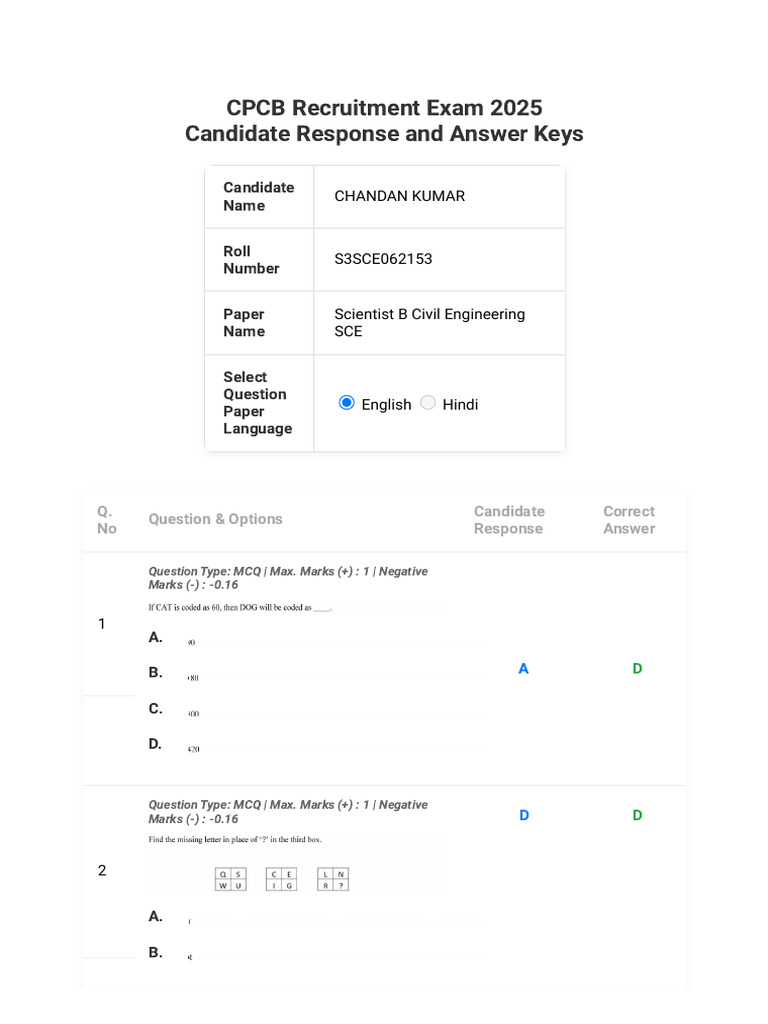 CPCB Recruitment Exam 2025 Candidate Response and Answer Keys | PDF ...