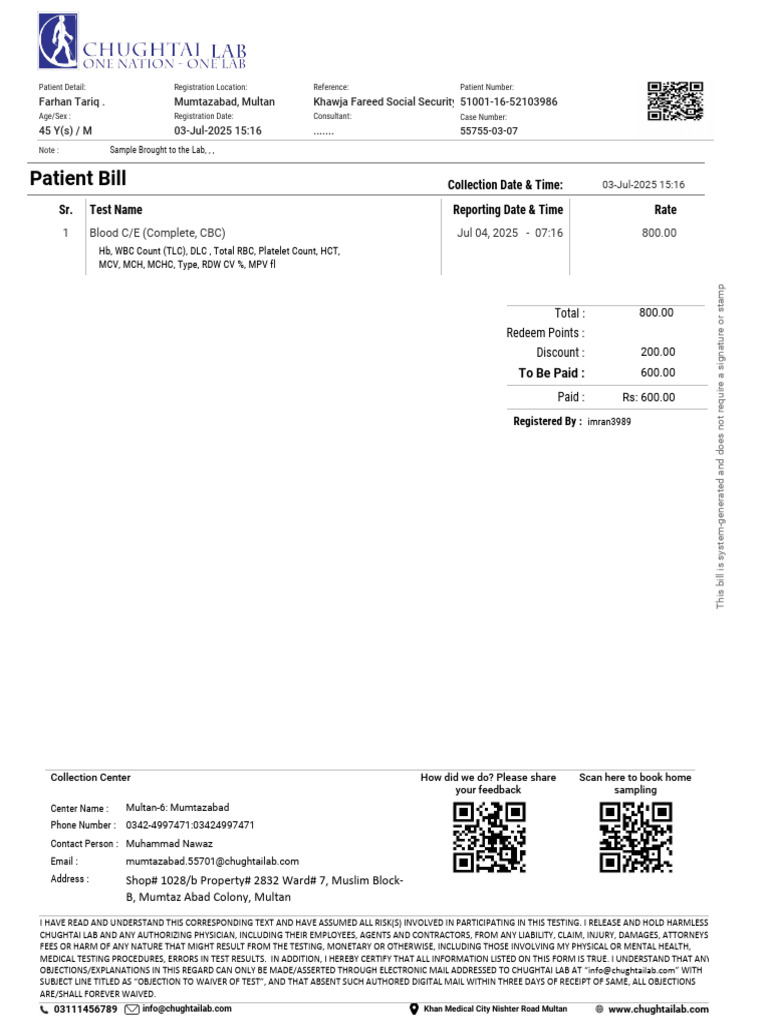 Patient Bill for Blood Test - Multan | PDF | Medicine