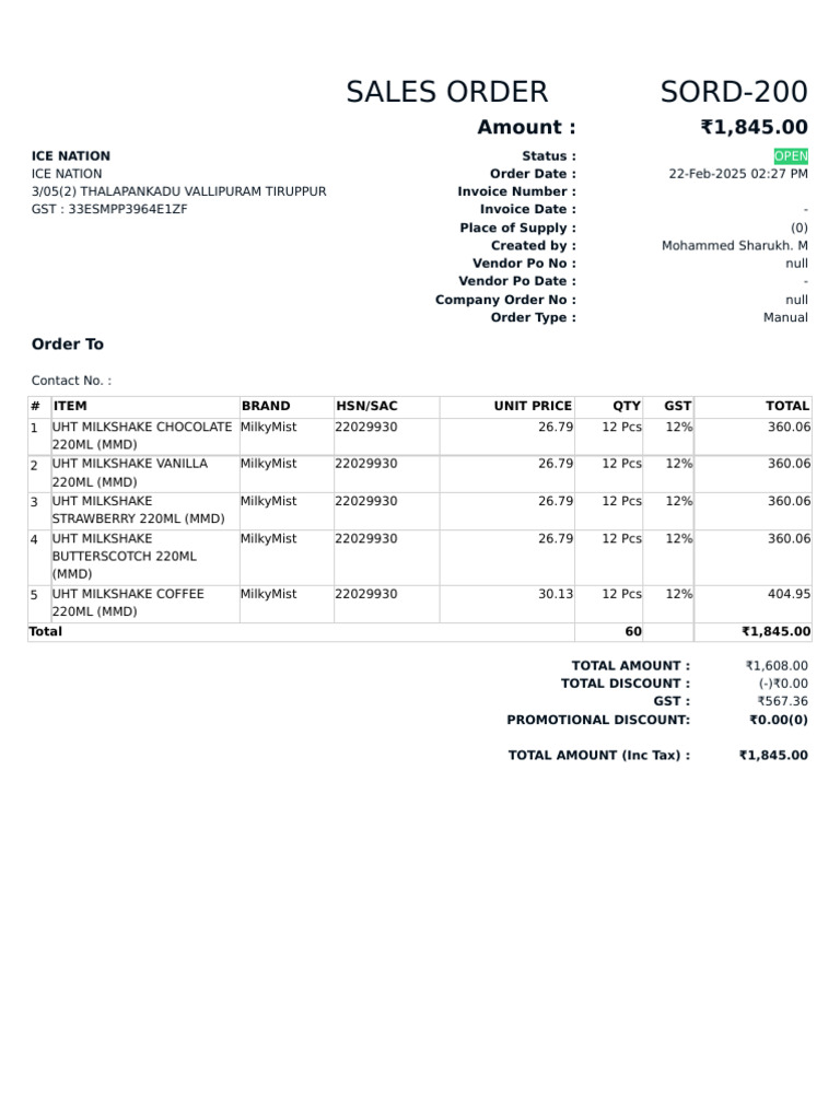 Milkshake Order HSN Code 22029930 | PDF | Milkshake | Dairy