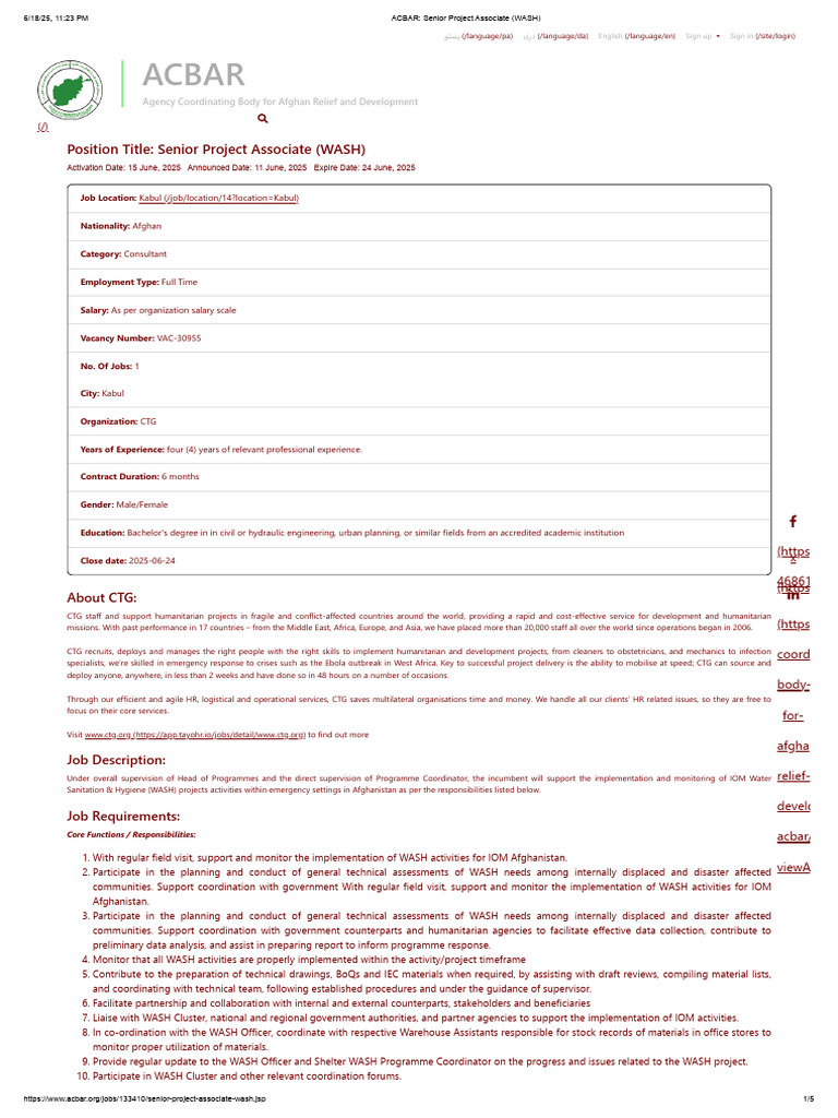 Senior Project Associate - WASH Role | PDF | Wash | International ...