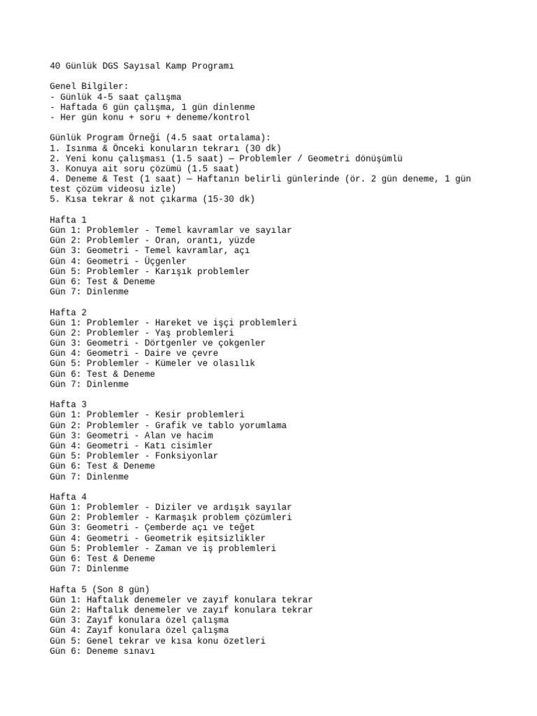 DGS Sayisal 40 Gunluk Kamp Programi | PDF