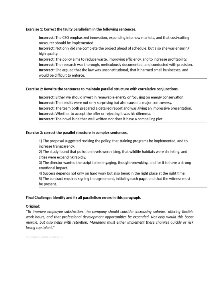 Correcting Faulty Parallelism Exercises | PDF | Adjective | Verb