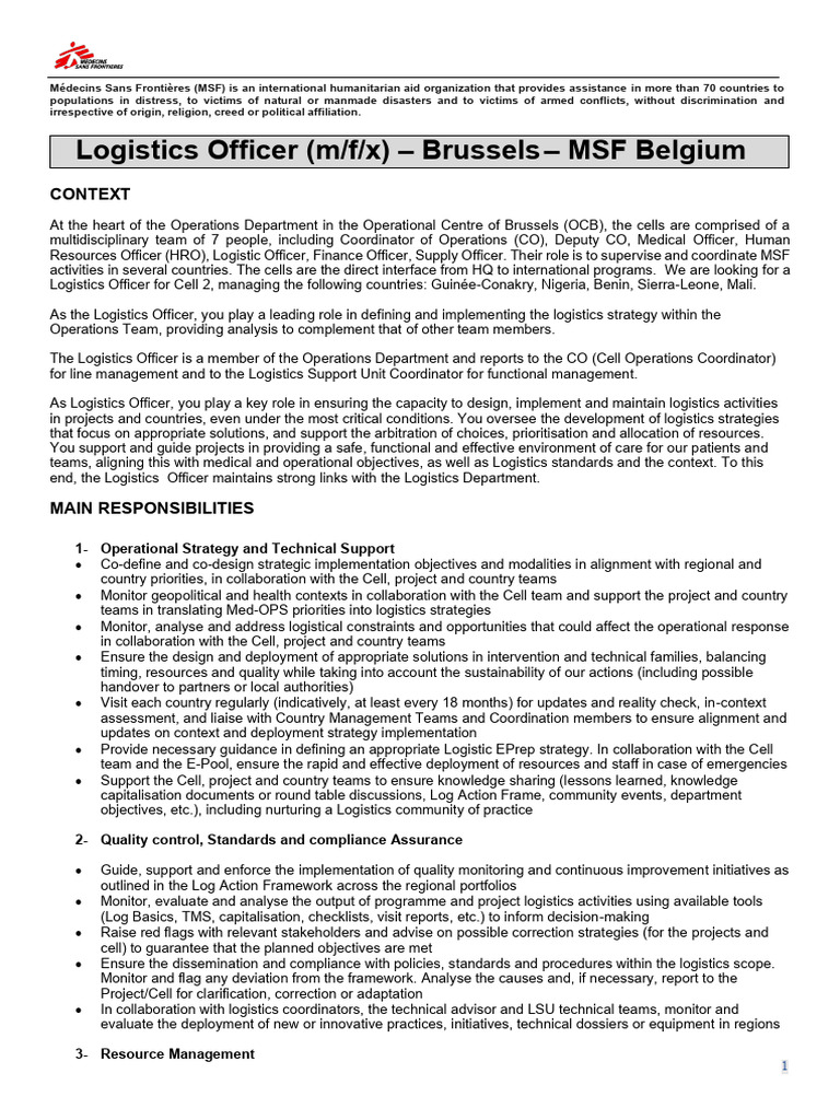 Logistics Officer Role at MSF Belgium | PDF | Médecins Sans Frontières ...