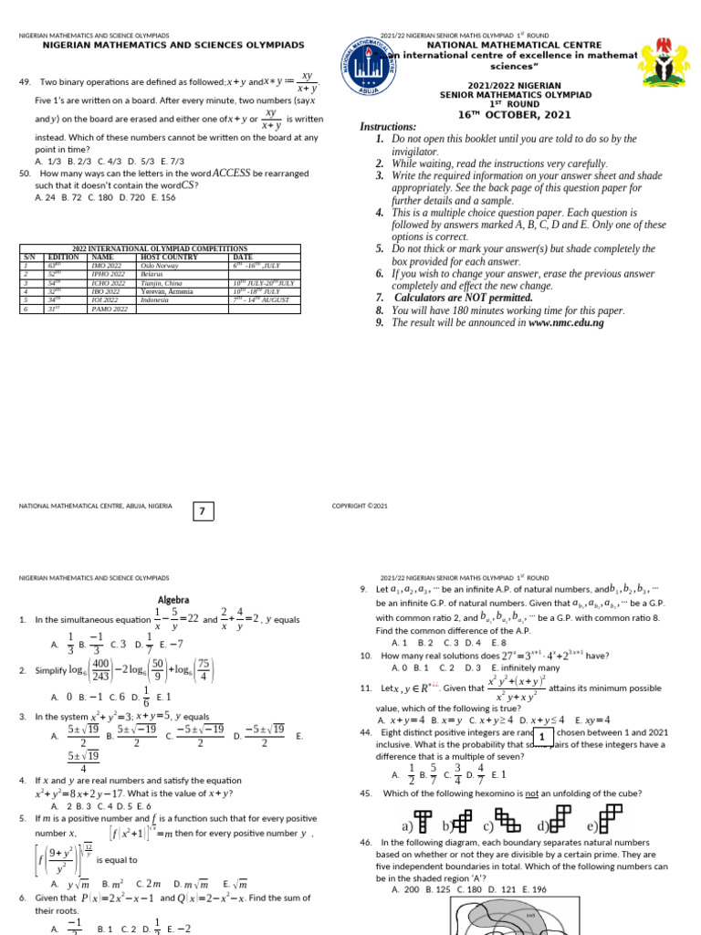 Nigerian Senior Maths Olympiad 2021/22 | PDF | Circle | Euclidean Geometry