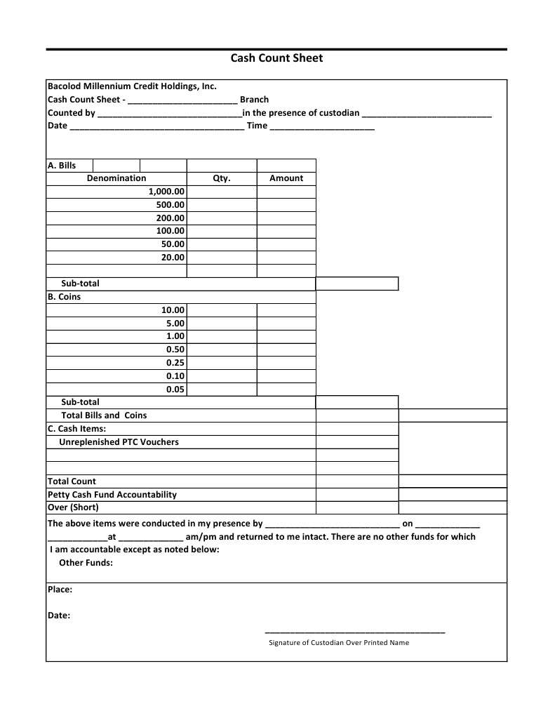 Cash Count Form | PDF for Free Printable Cash Count Sheet