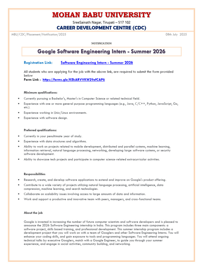 Google Software Engineering Intern Summer 2026 Notification | PDF ...