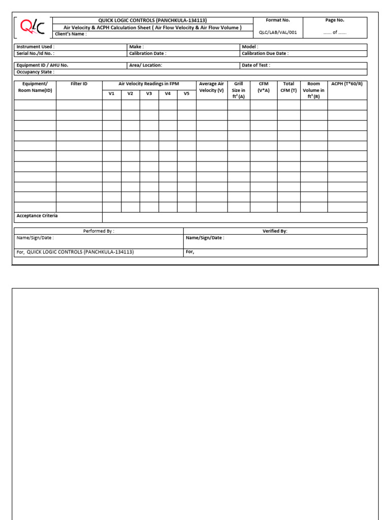 Air Velocity & ACPH Calculation Sheet | PDF