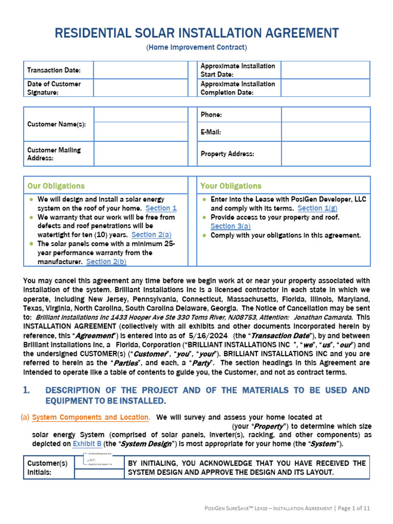 PosiGen Solar Installation Agreement | PDF | Indemnity | Arbitration