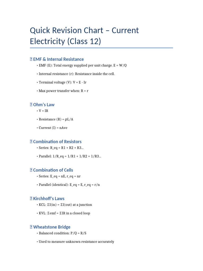 Electricity Revision Chart for Class 12 | PDF